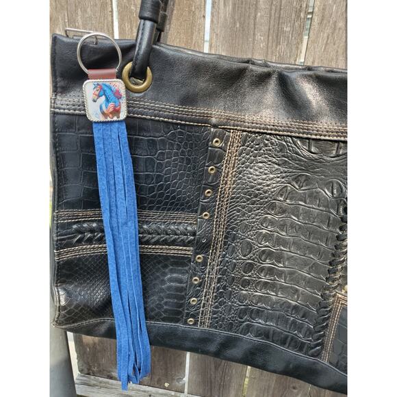 Handmade horse flag boho Leather Fringe Western bag charm, Long fringe keychain - Picture 5 of 5